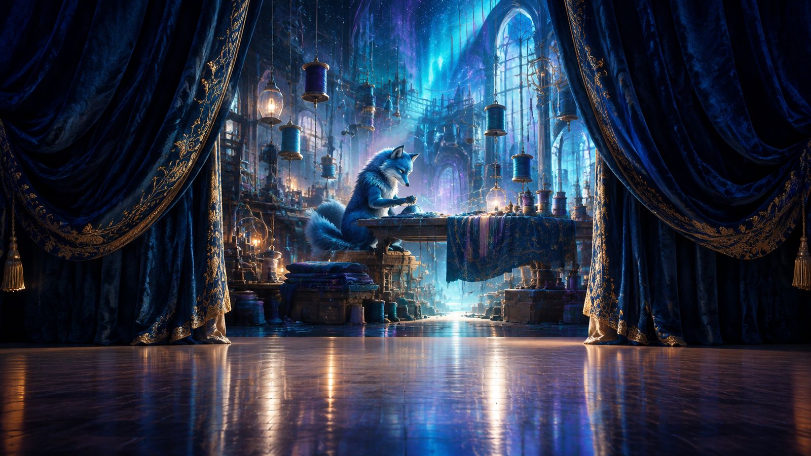 A parted curtain revealing a luminous workshop behind an immaculate empty stage